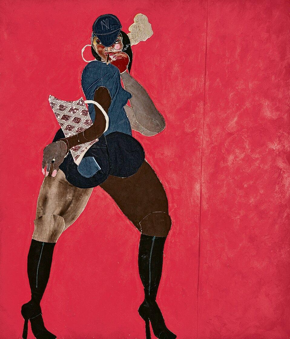 Tschabalala Self, Dime, 2019, Stoff, Acrylfarbe und bemalte Leinwand auf Leinwand, 213,5 x 183 cm