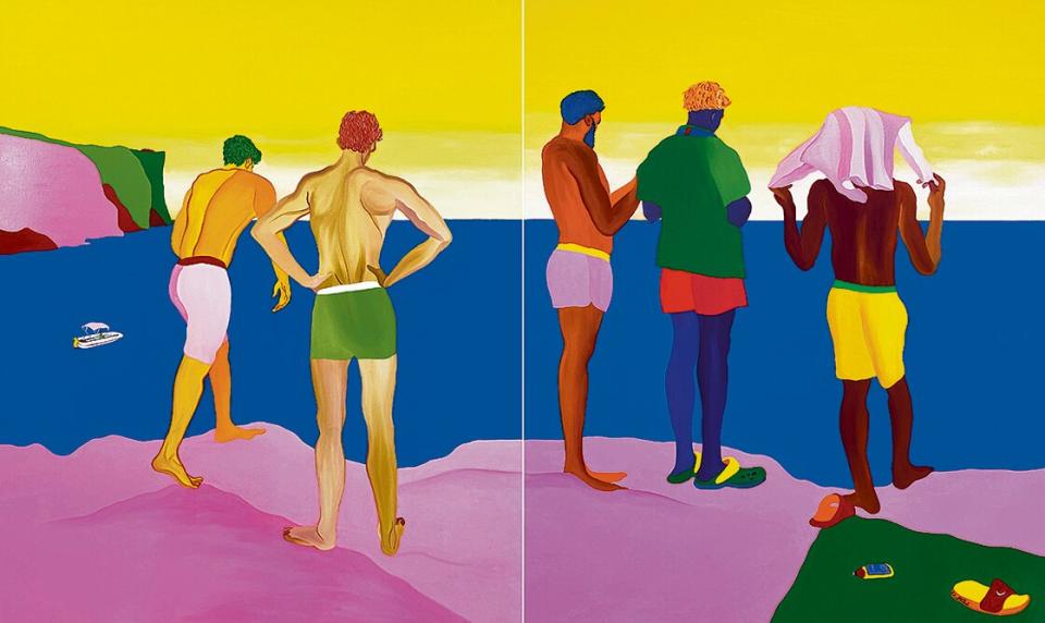 Navot Miller, 5 Boys in Ibiza, 2022, Öl auf Leinwand (Diptychon), 180 × 300 cm