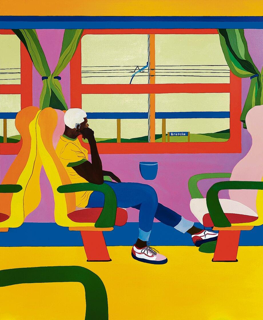 Navot Miller, Boy on Train, 2022, Öl auf Leinwand, 170 × 140 cm                    