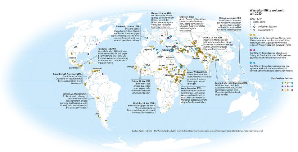 Infografik: Weltkarte mit Wasserkonflikten weltweit, seit 2020