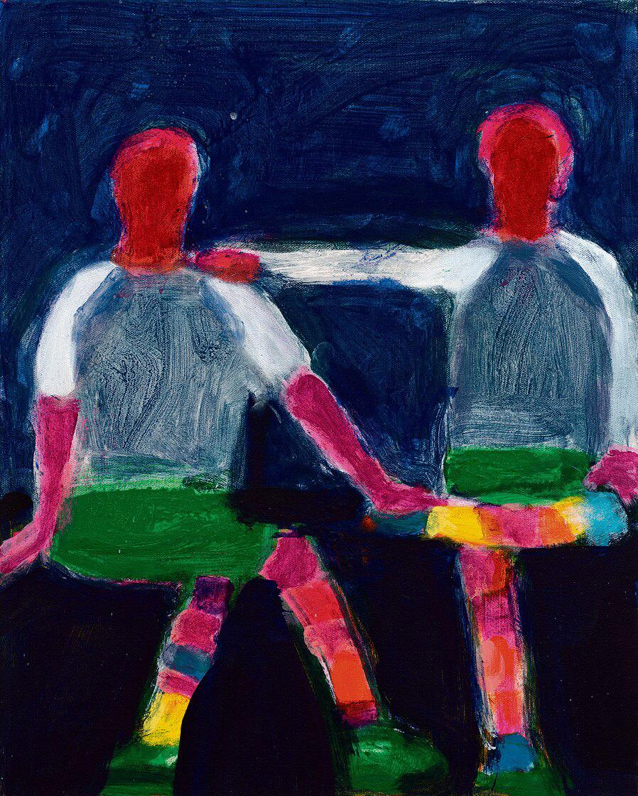 Katherine Bradford: Sportsmen with Colored Socks, 2020, Acryl auf Leinwand, 50,8 × 40,6 cm