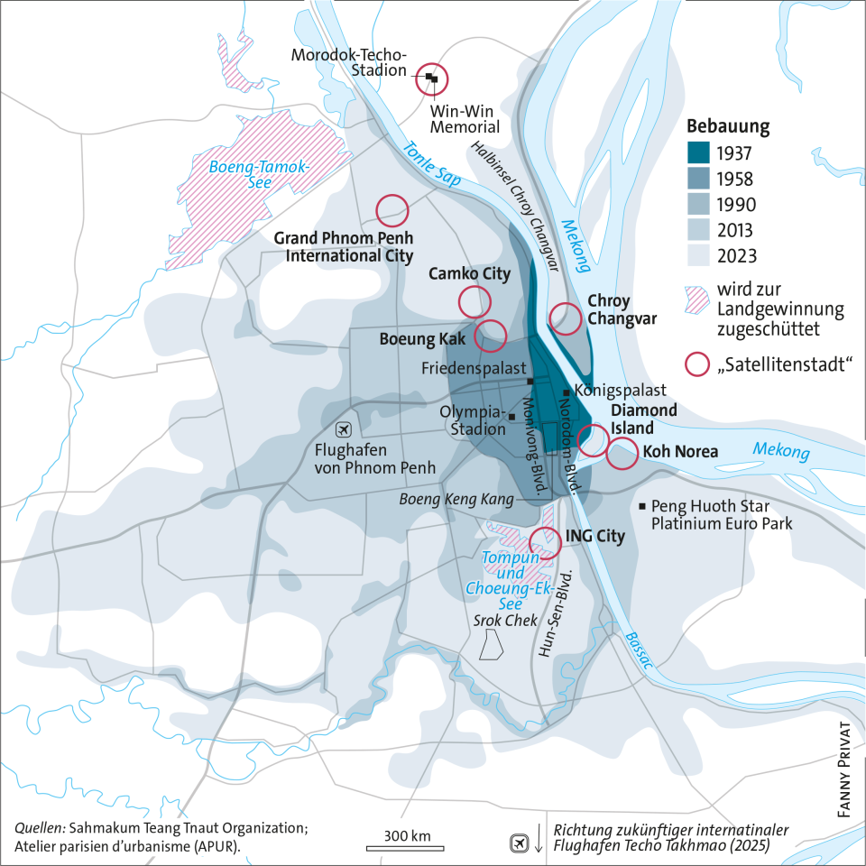 Karte von Phnom Penh: historisches und aktuelles Wachstum der Stadtteile