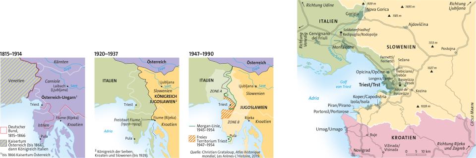 4 Karten: Historische Entwicklung von Triest