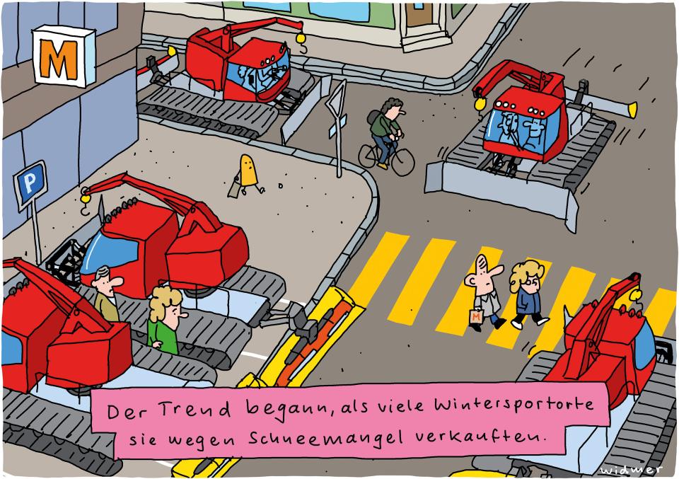 Cartoon von Ruedi Widmer zum Schneemangel in den Wintersportorten