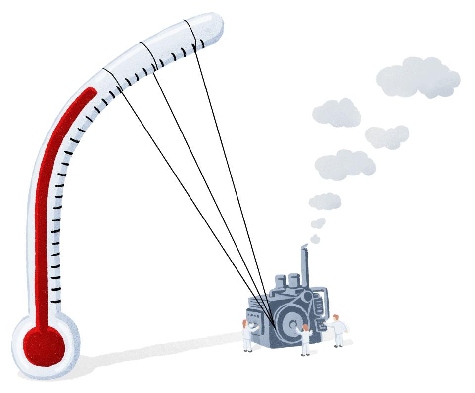 Illustration: eine Maschine welche ein Klima-Thermometer biegt