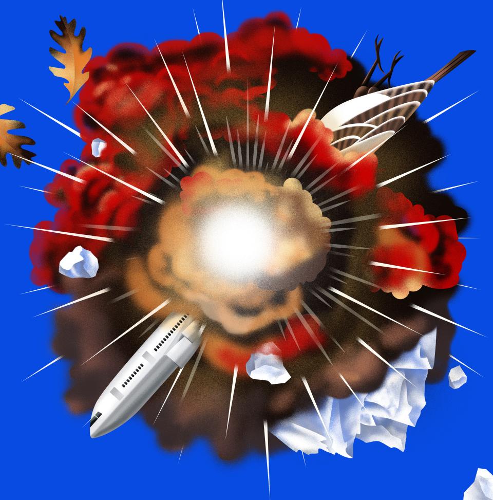 Illustration: Explosion mit Flugzeug, Vogel und eisigen Bergen