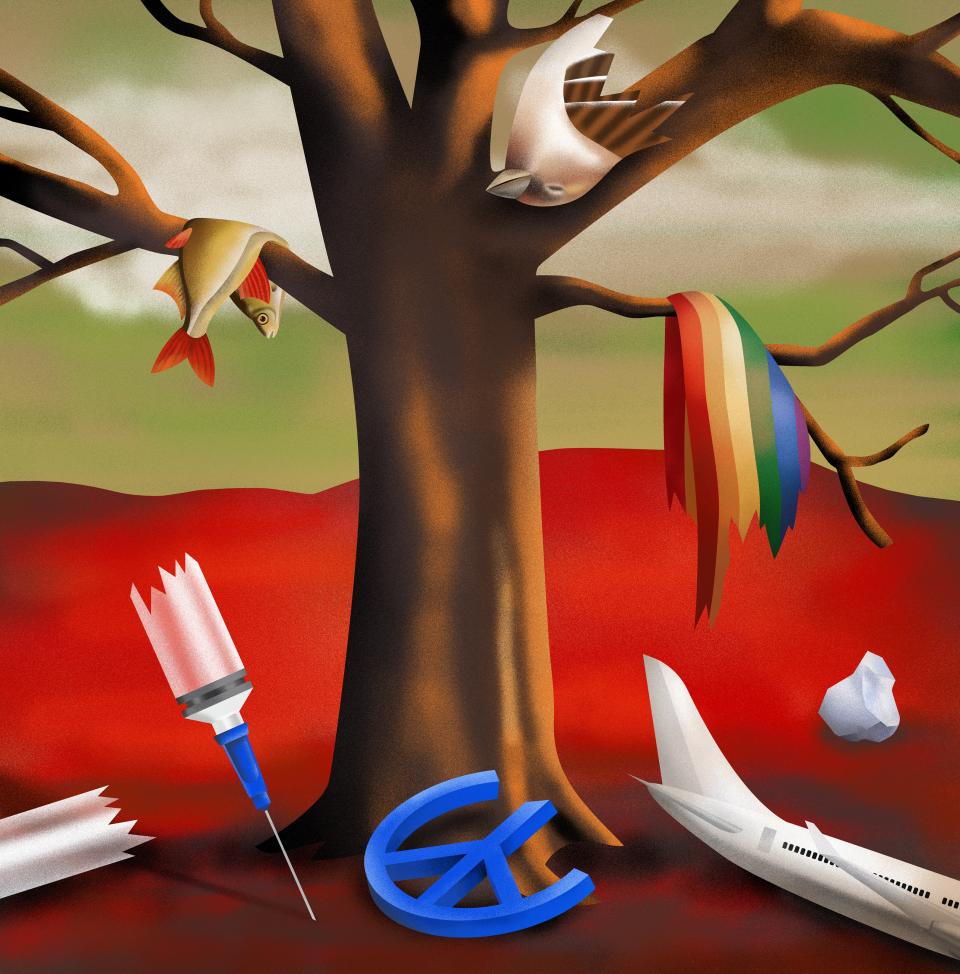 Illustration: ein Baum von dem ein toter Fisch, ein toter Vogel und eine zerfranste Regenbogen-Fahne hängen; daneben eine zerstörtes Peace-Zeichen, ein Flugzeug und eine zerbrochene Medizinalspritze