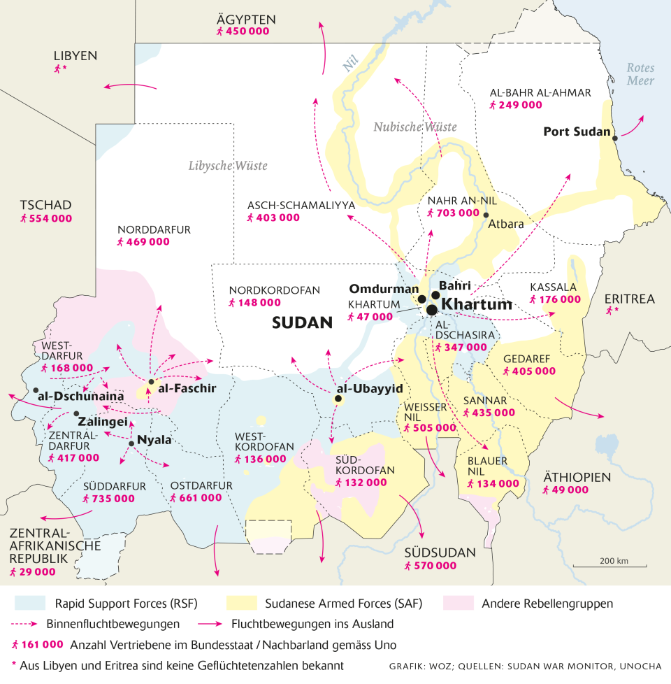 Karte des Sudan und umliegenden Ländern mit eingezeichneten Fluchtbewegungen