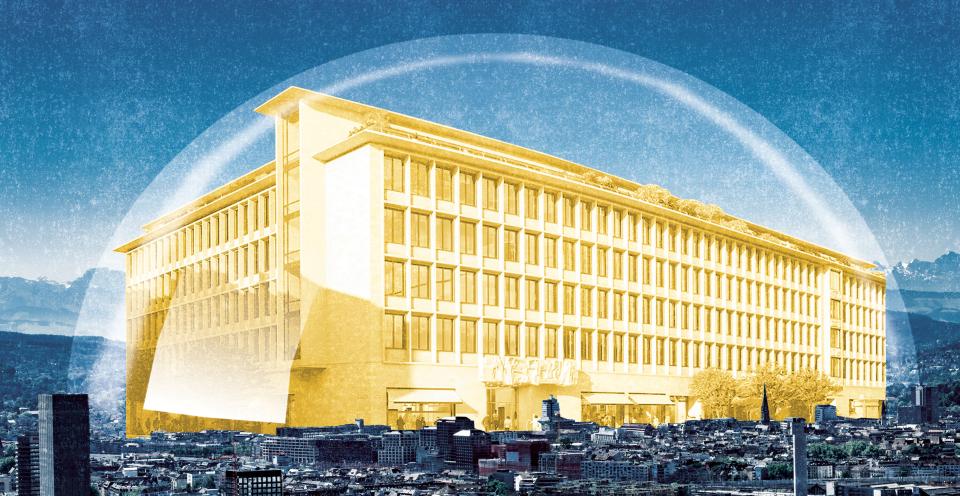 Illustration von Patric Sandri: Bankgebäude der neuen UBS überragt die Stadt Zürich