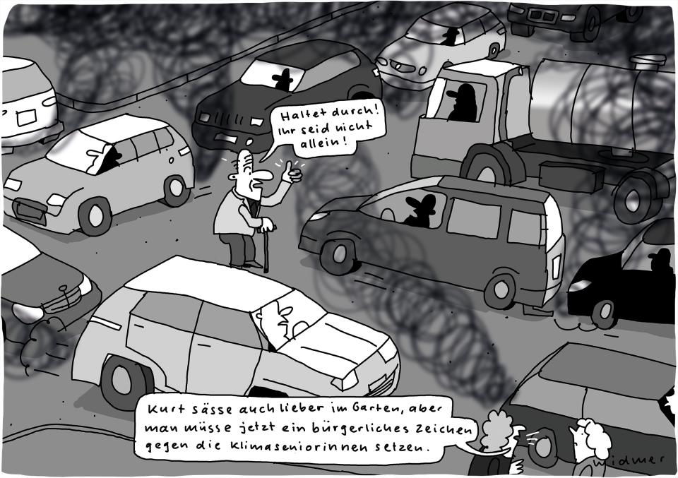 Cartoon von Ruedi Widmer zu Klimaseniorinnen