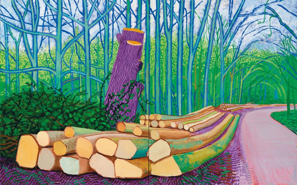 Gemälde «Felled Trees on Woldgate» von David Hockney: gefällte Baumstämme an einem Waldweg