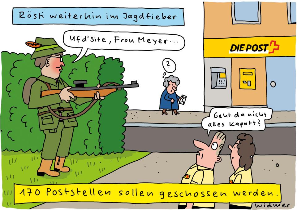 Cartoon von Ruedi Widmer zur Schliessung von Poststellen