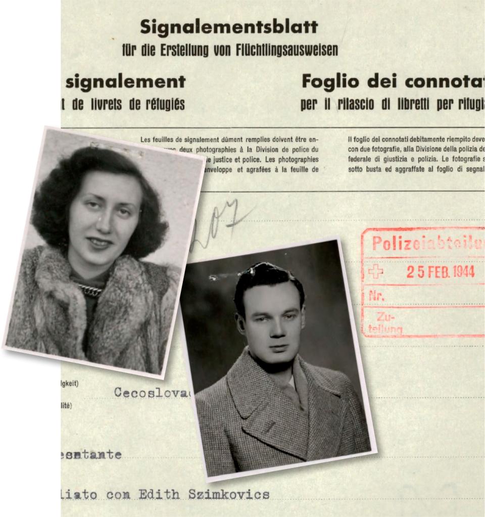 Fotomontage: Fotos von Edith Szimkovics Gruenberger und Egone Gruenberger mit einem amtlichen Dokument