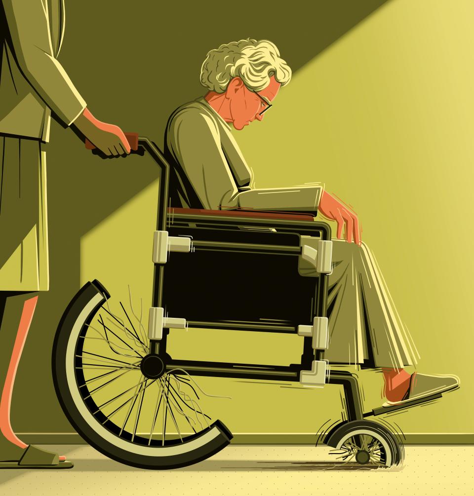 Illustrationen von Stephan Schmitz: eine alte Frau im Rollstuhl