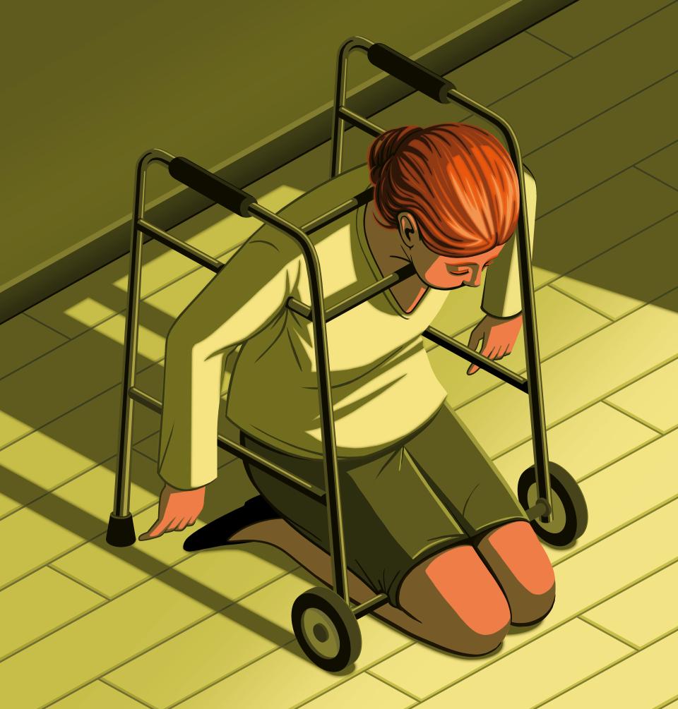 Illustrationen von Stephan Schmitz: eine pflegende Person hängt erschöpft in einem Rollator