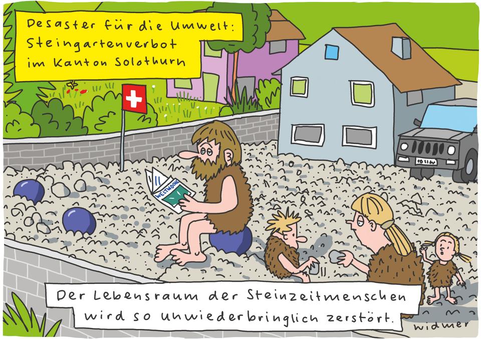 Cartoon von Ruedi Widmer zum Steingartenverbot im Kanton Solothurn