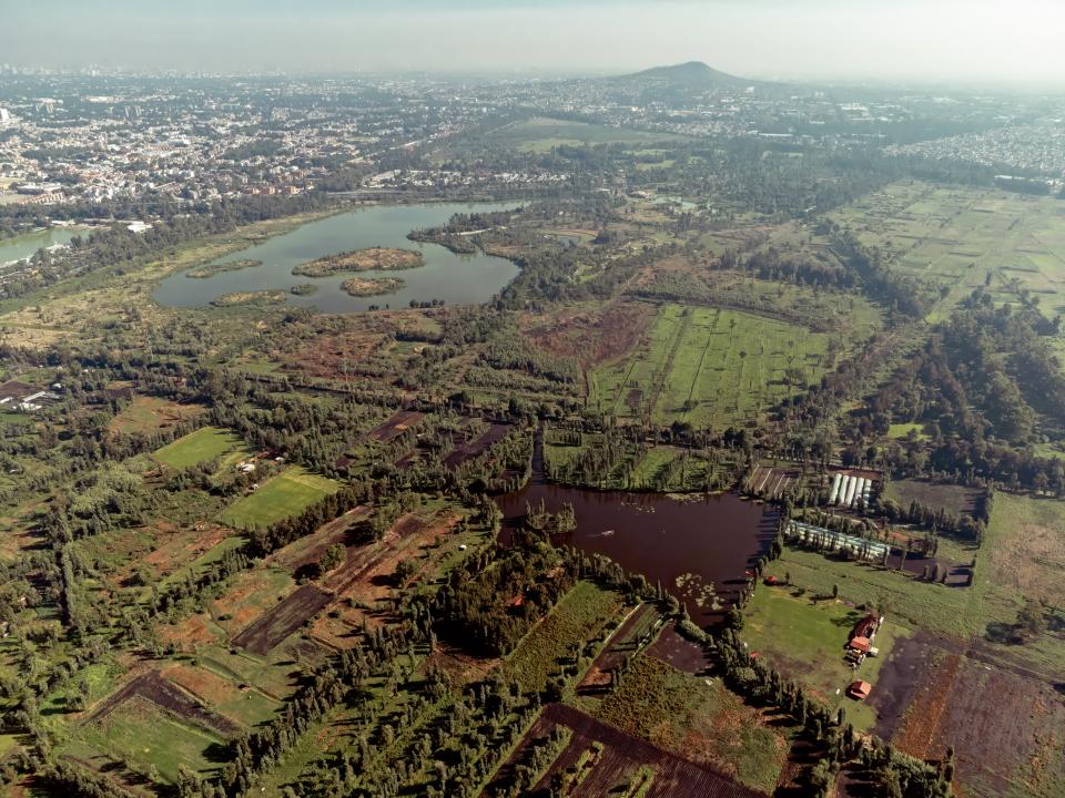 Luftaufnahme des Stadtteils Xochimilco am frühen Morgen