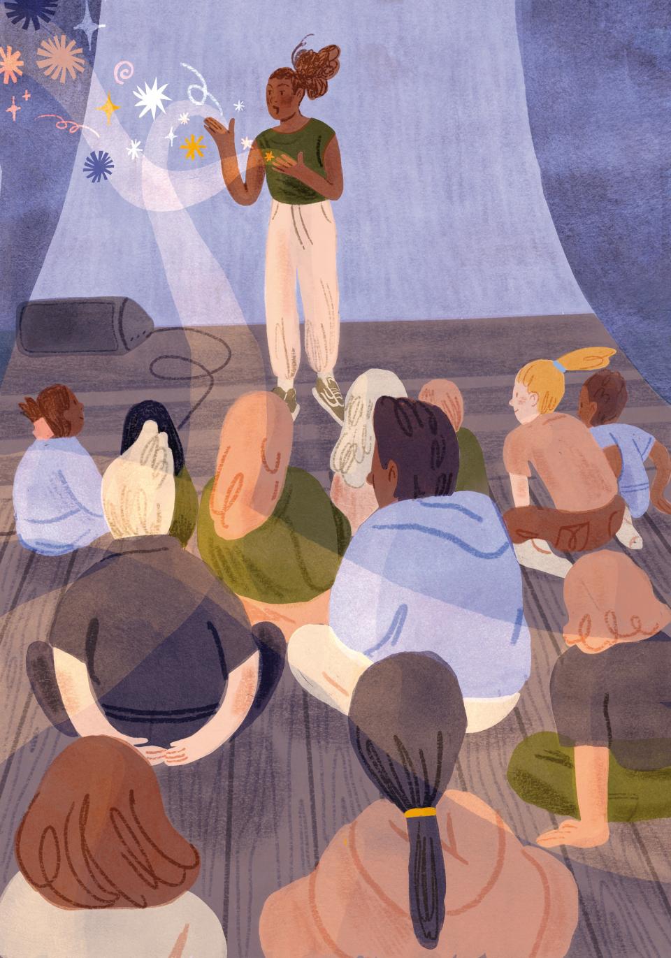 Illustration von Taltal Levi: eine Person vermittelt Kultur an Kinder