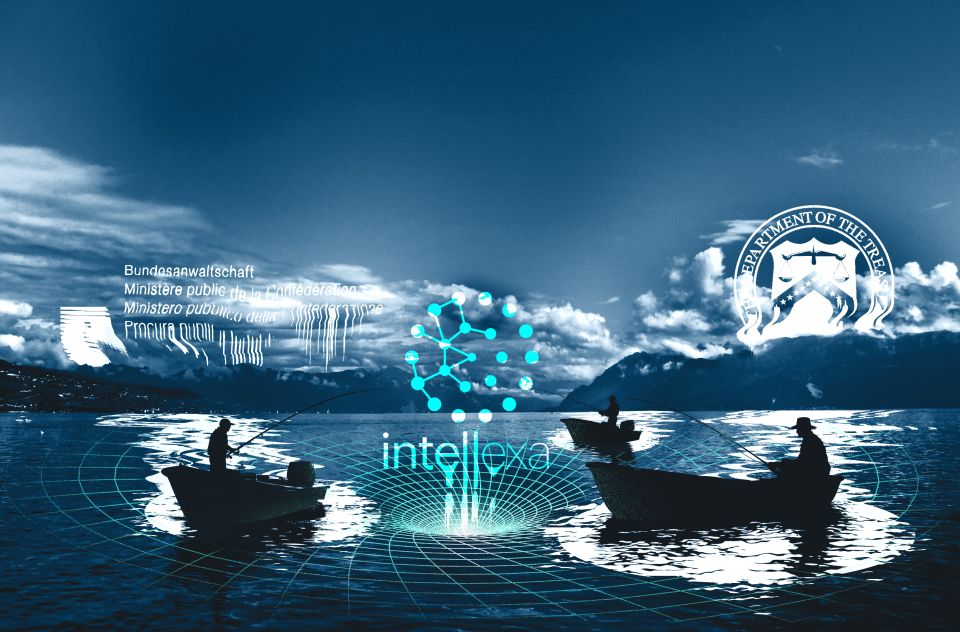 Illustration von Marcel Bamert: Boote mit Fischern und ein Vortex-Strudel welcher das Logo von Intellexa verschlingt