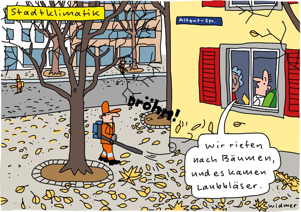 Cartoon von Ruedi Widmer zu Laubblässer