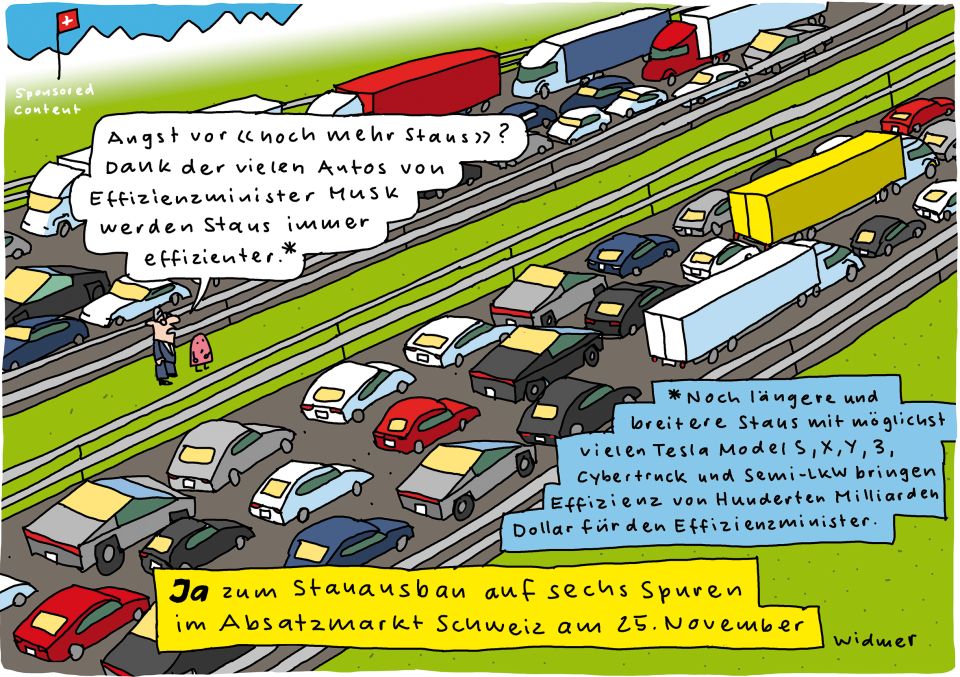 Cartoon von Ruedi Widmer zum Autobahnausbau