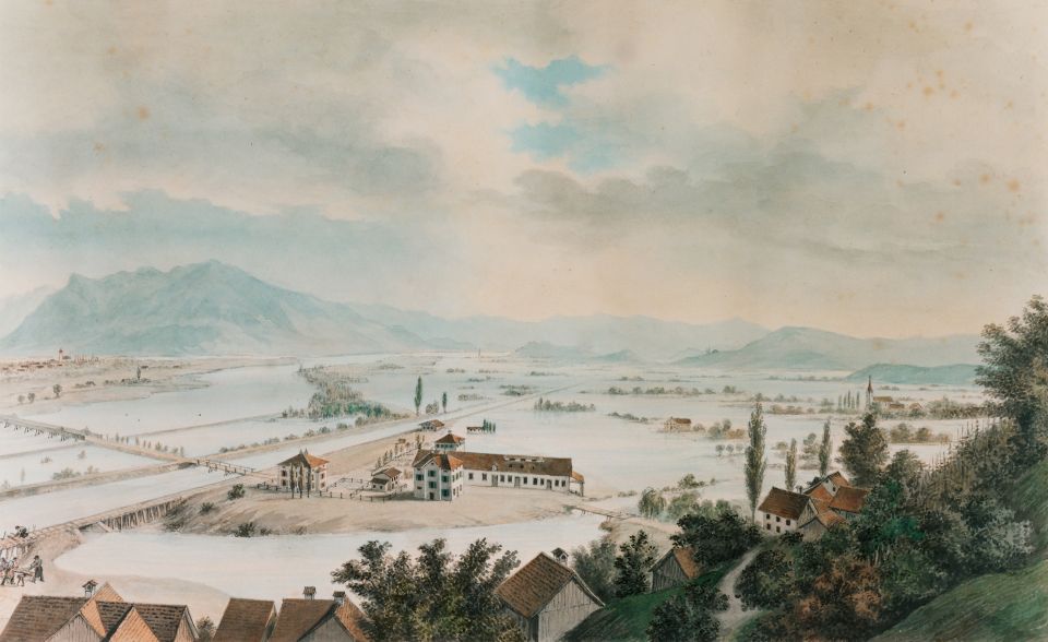 die Poststation Au am Rheinbinnenkanal auf einem Gemälde von 1868