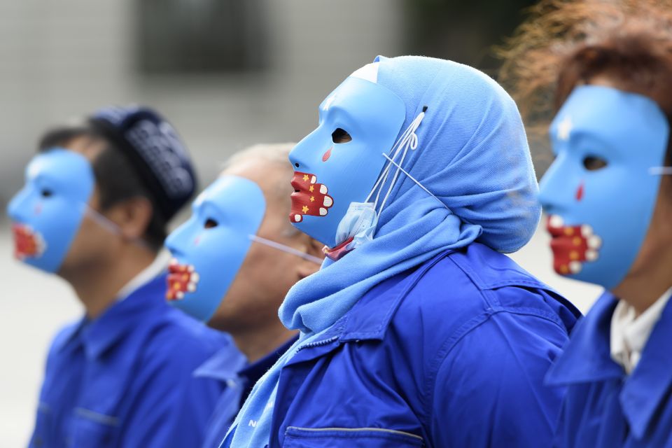 Personen mit Masken beim Protest gegen das Freihandelsabkommen mit China auf dem Bundesplatz in Bern