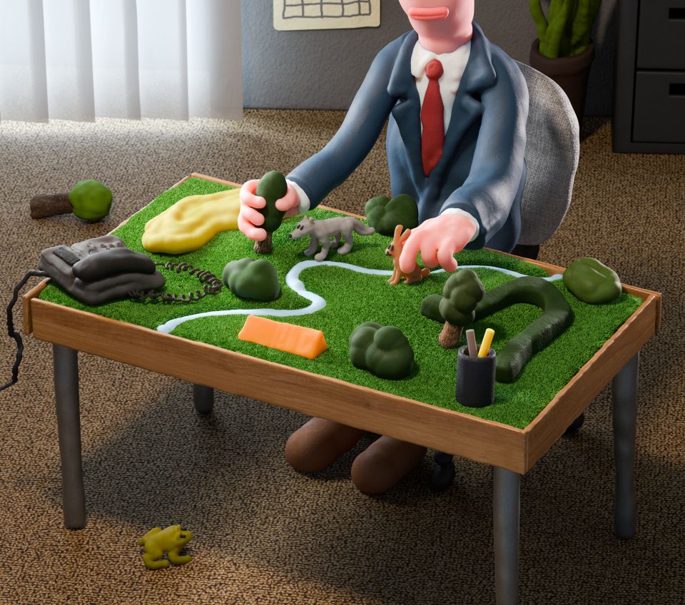 Illustration von Stephan Dybus: ein Beamter schiebt Bäume und Tiere auf seinem «Spiel»-Schreibtisch umher