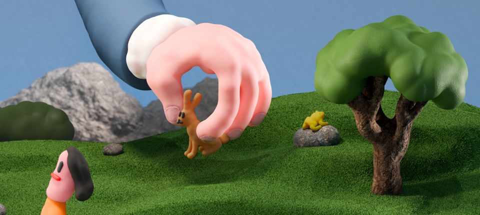 Illustration von Stephan Dybus: Nahaufnahme des Beamten, welcher Bäume und Tiere umherschiebt