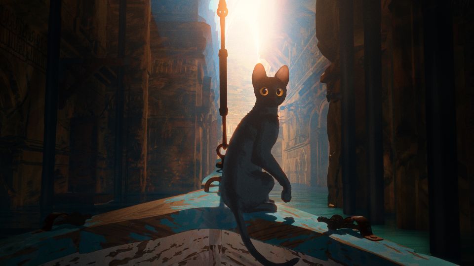 Filmstill aus dem Animationsfilm «Flow»: eine Katze zwischen Häusern