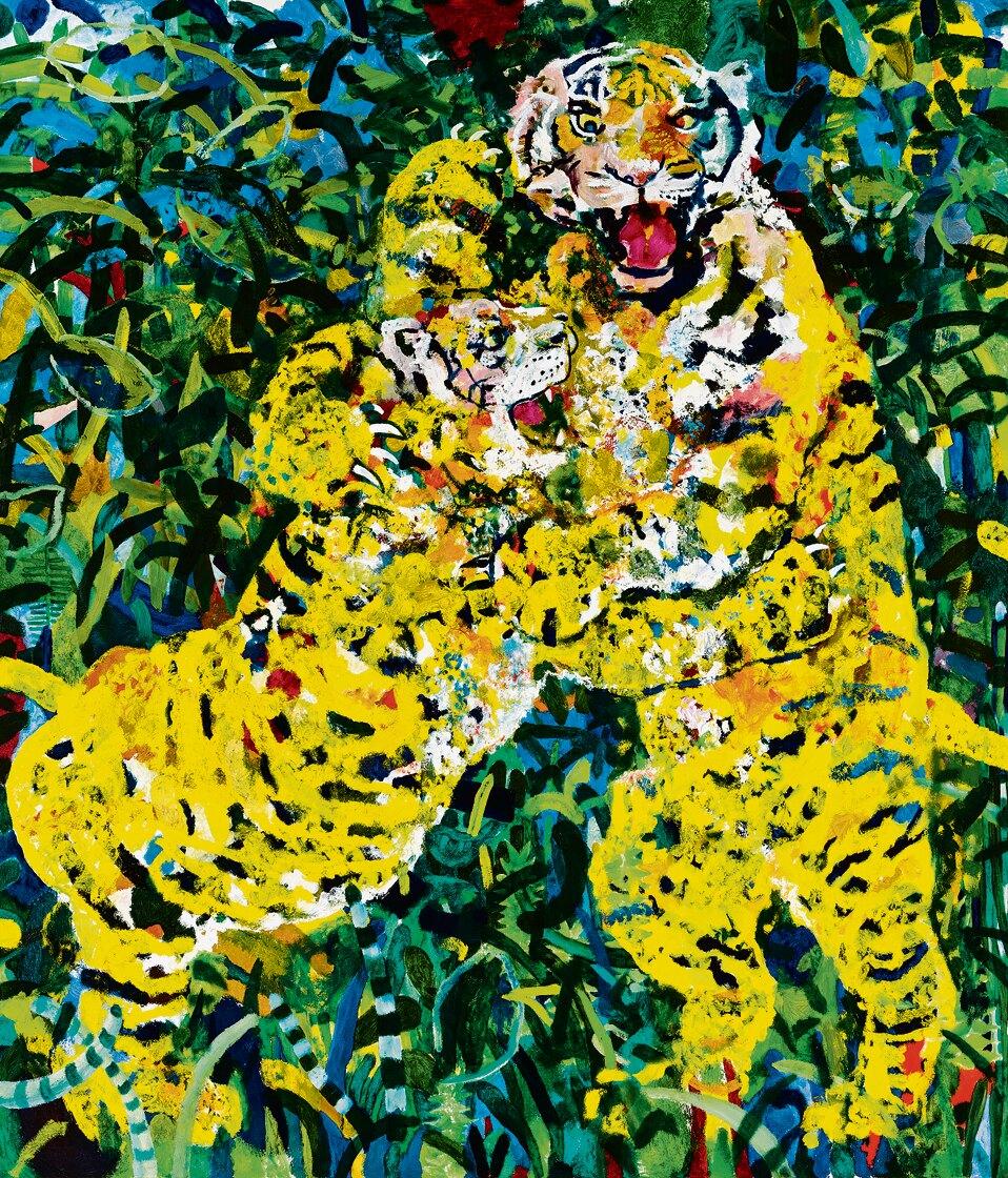 Lucas Oertel, zwei Tiger, 2018, Öl auf Leinwand, 210 × 180 cm