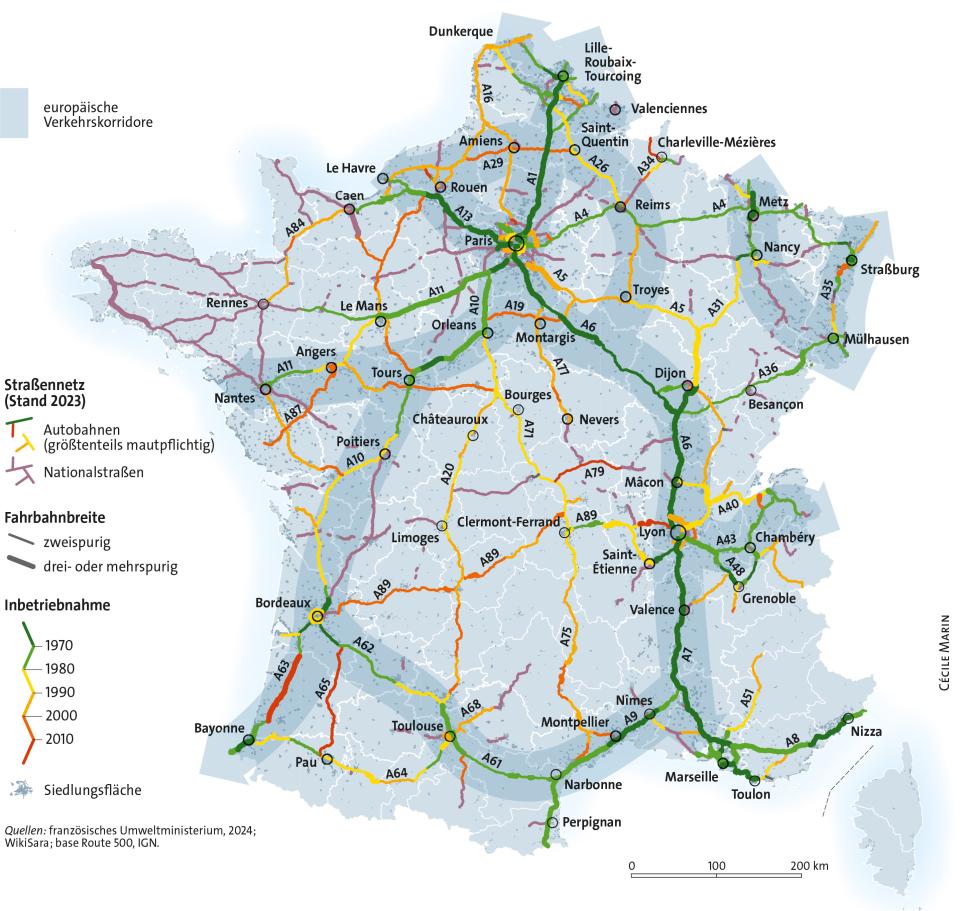 Karte von Frankreich mit eingezeichneten Nationalstrassen und Autobahnen