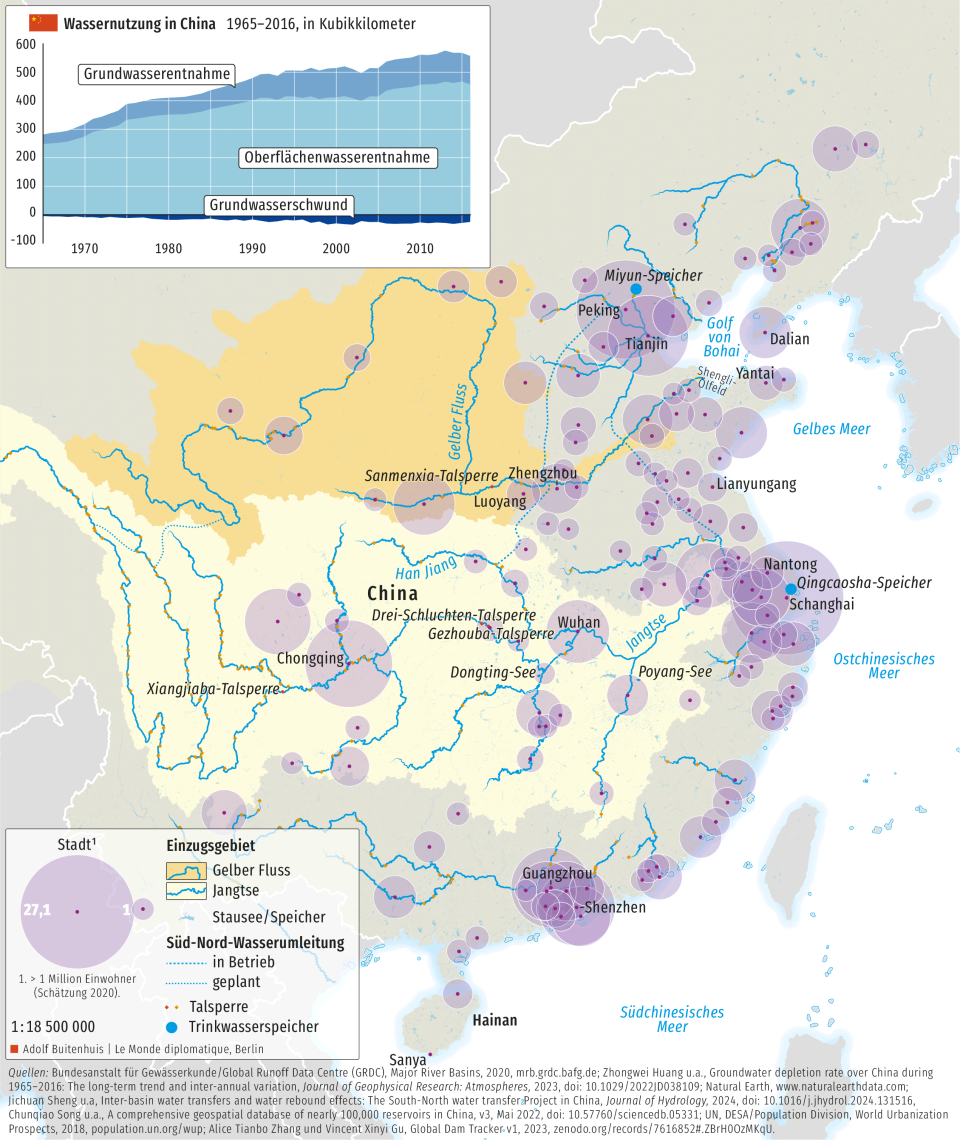 Karte und Infografik: Wassernutzung und Urbanisierung in China