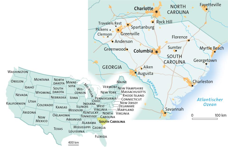 Übersichtskarte von den USA und Städte im Bundesstaat South Carolina