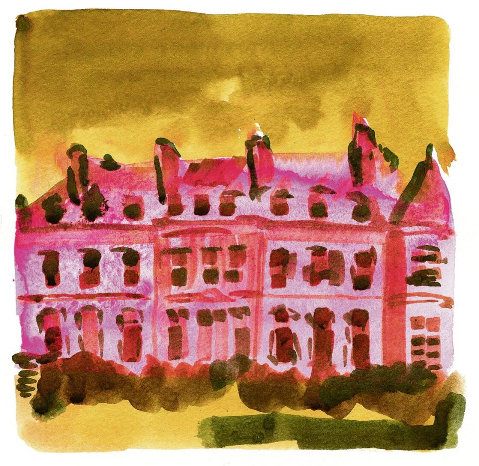 Leanne Shapton, aus der Serie French Châteaux, Nr. 8, 2015, Aquarell auf Papier, 12,5 × 12,5 cm