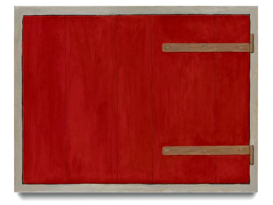Christoph Hänsli, Rote Klappe, 2022, Eitempera und Acryl auf Leinwand 65,5 × 85,5 cm