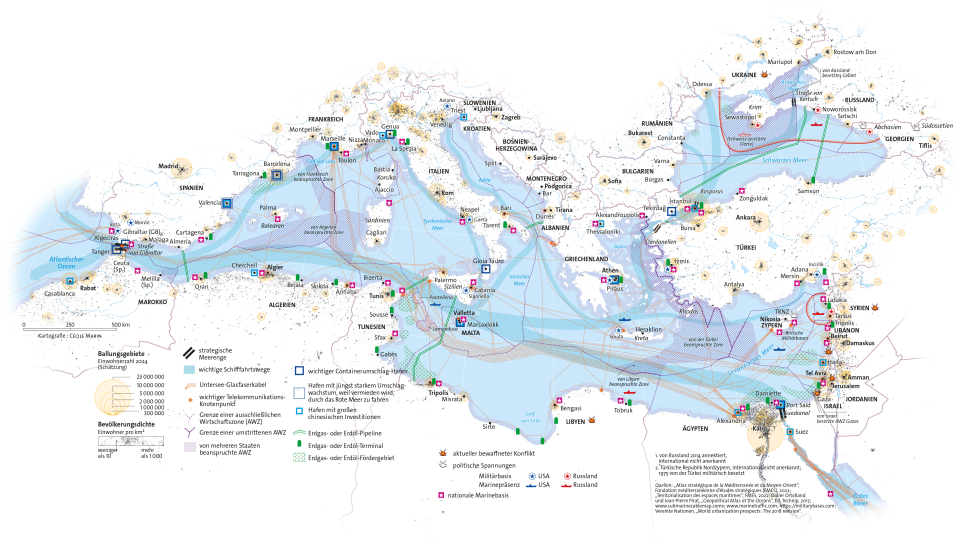 Karte des Mittelmeer und des Schwarzen Meers mit Schiffrouten, Häfen, Wirtschaftszonen, Pipelines, Militär, Telekommunikation, Ballungsgebieten und Bevölkerungsdichte