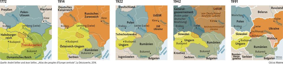 mehrere Karten: Ländergrenzen in Osteuropa 1772 bis 1991