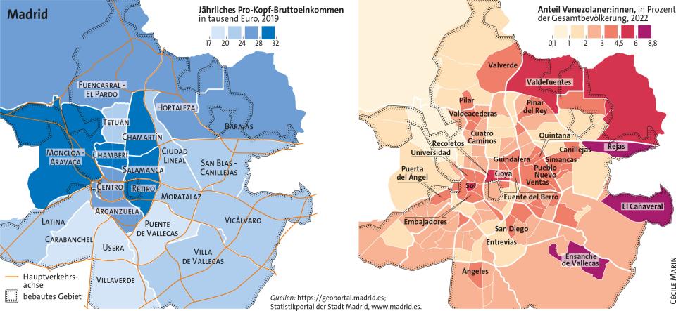 Karte von Madrid: Jährliches Pro-Kopf-Bruttoeinkommen und Anteil Venezolaner:innen in den Stadtvierteln