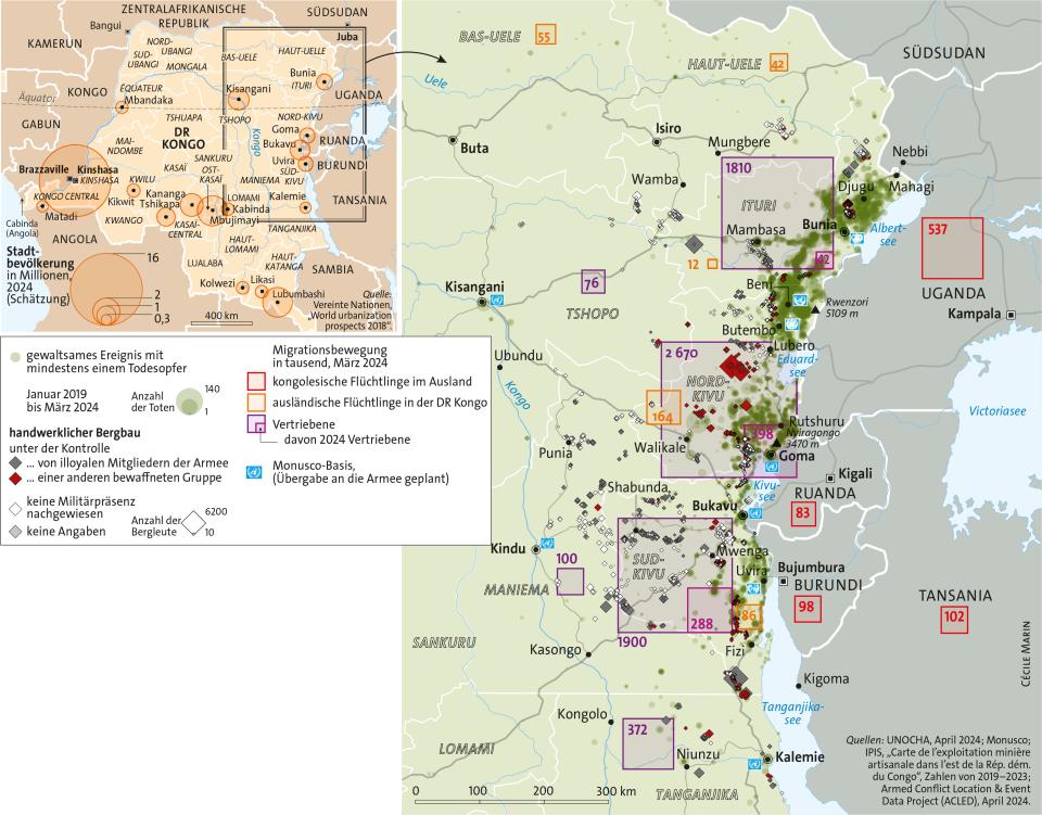 Karte des Ostkongos: Bergbau, Migrationsbewegungen, Militärpräsenz, gewaltsame Ereignisse