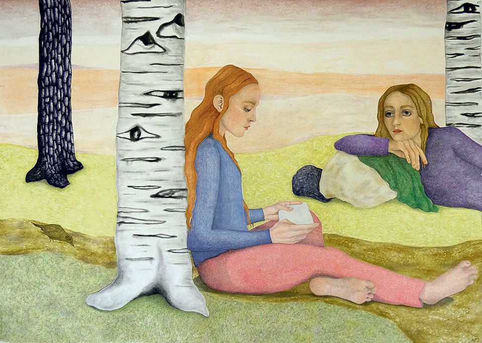Maeve van Klaveren, In the Fading Light, 2024, Aquarellfarben, Pastellfarben, Pastellstifte und Zeichenkohle auf Papier, 125 × 175 cm