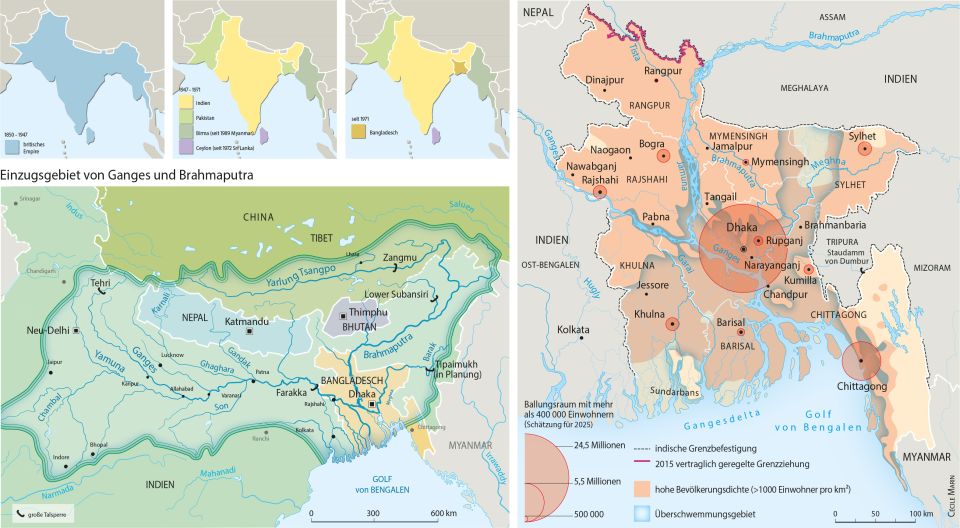 Mehrere Karten: Einzugsgebiet von Ganges und Brahmaputra, historische Staatsgrenzen, Ballungsräume und Grenzen, Überschwemmungsgebiete