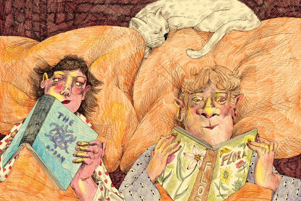 Illustration von Giulia Spagnulo: zwei Menschen lesen Bücher im Bett