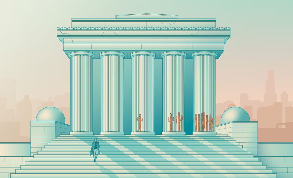 Illustration: ein Gebäude mit Säulen, bei welchem hinter Gitterstäben in Käfigen Häftlinge eingesperrt sind