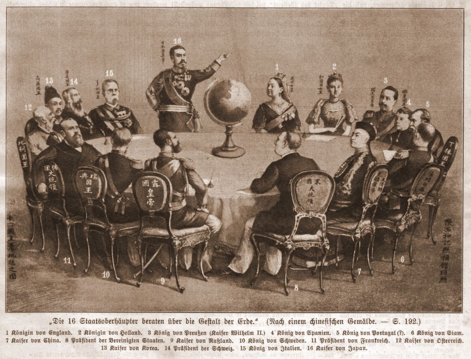 Druckgrafik von 1900: «Die 16 Staatsoberhäupter beraten über die Gestalt der Erde»