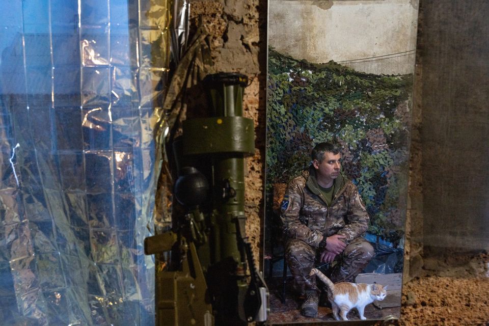Soldat Mykola in einem getarnten Unterstand mit einer Katze