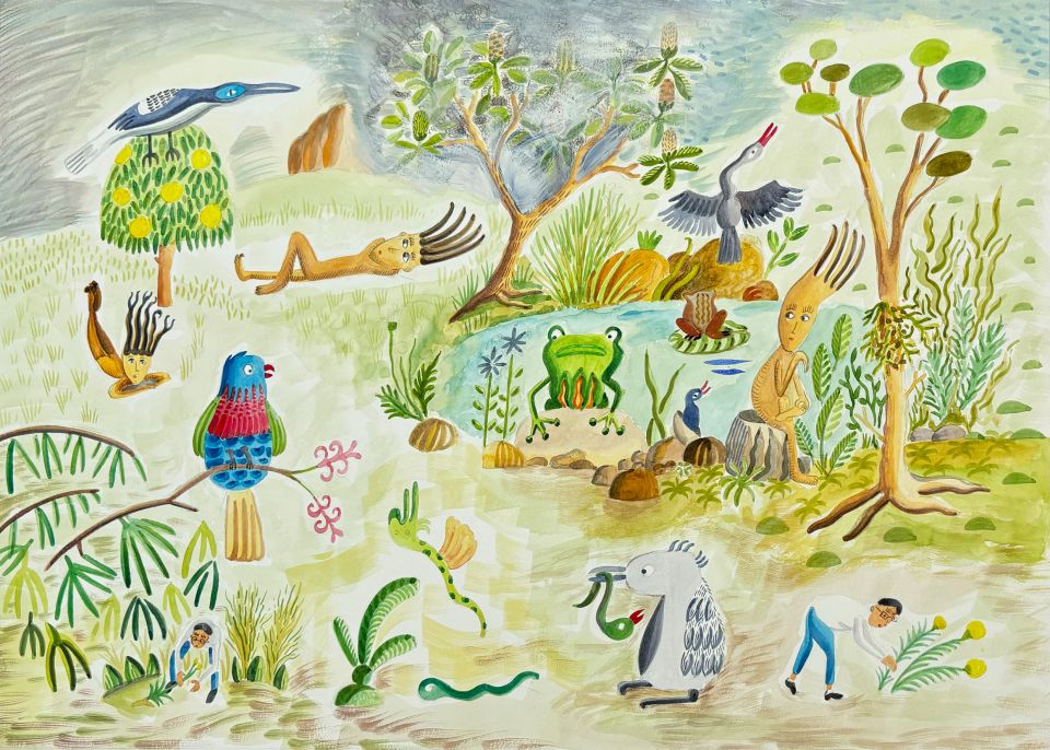 Zeichunung von Shoili Kanungo: Tiere und Menschen in der Natur
