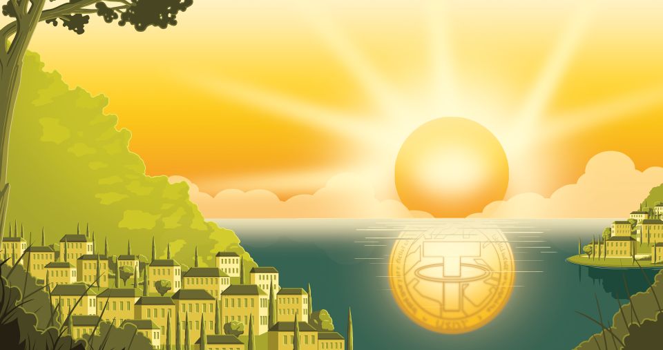 Illustration: die Sonne spiegelt sich im Tessin im See als Krypto-Münze