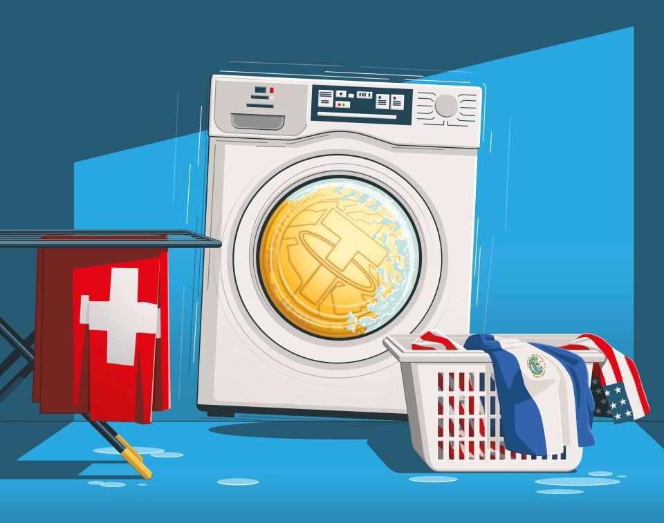Illustration: eine Waschmaschine mit einer Krypto-Münze und Flaggen verschiedener Länder