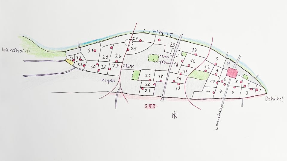 Zeichnung eines Plan des Industriequartier in Zürich in Fischform